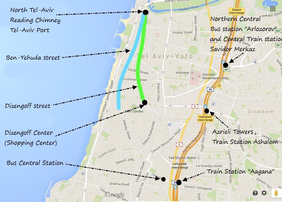 地図のテルアビブの公共交通機関