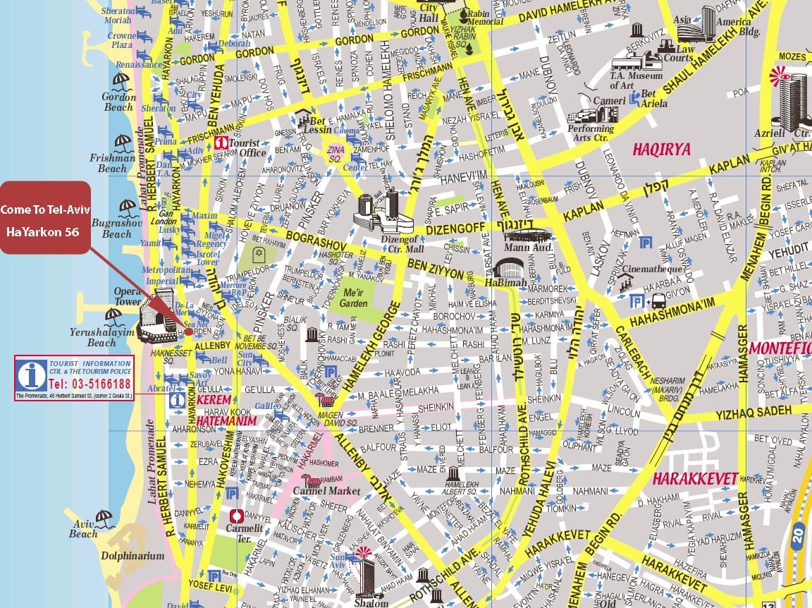 地図のテルアビブおよび周辺地域